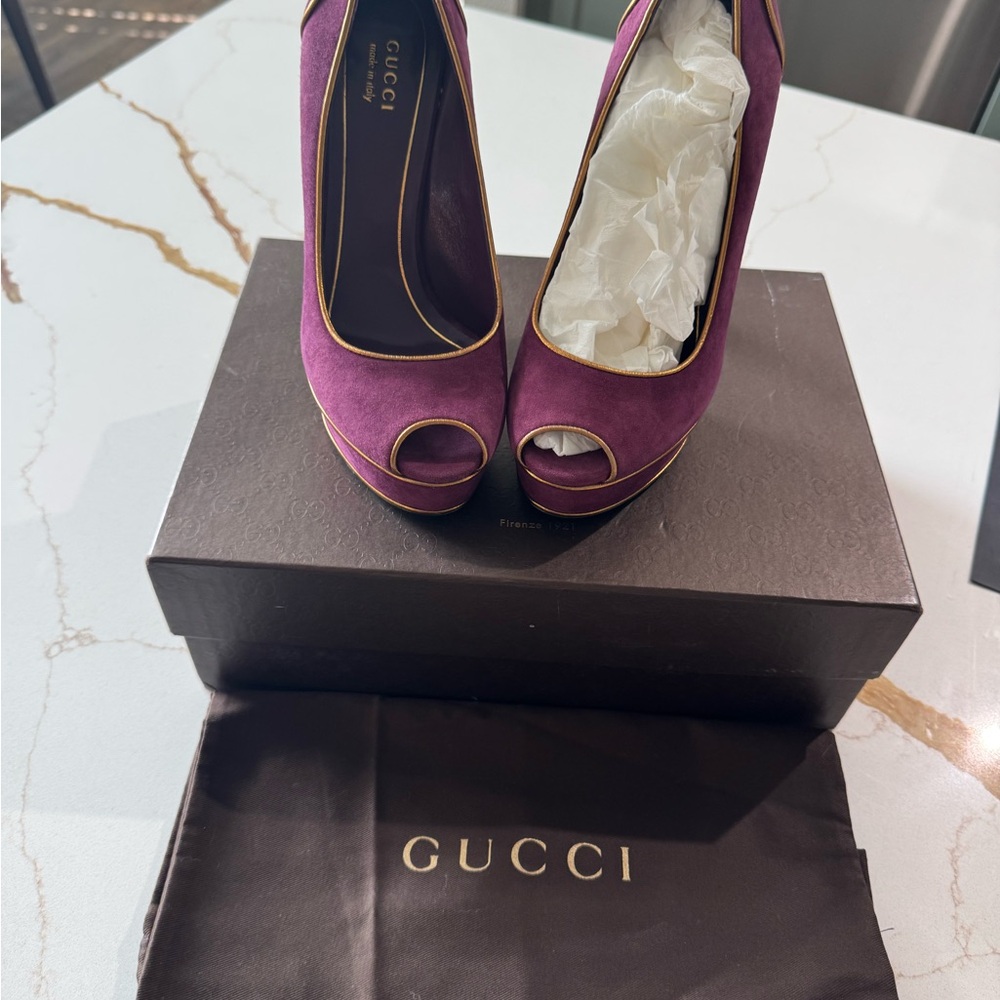 Gucci Women's Purple Suede Peep-Toe Heels with Gold Trim - NEW, Size 38.5